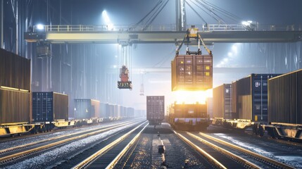 Large industrial crane, loading shipping containers onto cargo train, clean organized railway logistics hub, freight handling, commercial transport, supply chain, banner, concept