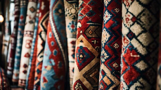 Carpets displayed rolled and hanging