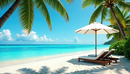 Luxury umbrella resort on tropical beach, turquoise water, palm trees , sand, resort, serene