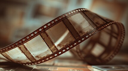 A film strip curls against a blurry background.