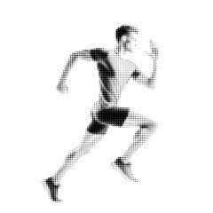 Halftone illustration of a male or female athlete running, dynamic motion pose, vintage comic book style, high-contrast black and white dots, retro sports poster aesthetic, energetic background