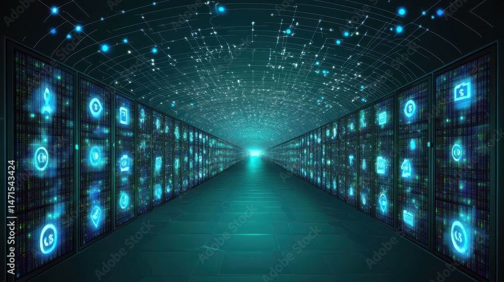 Poster futuristic digital tunnel with glowing data icons and network connections in a technology environmen