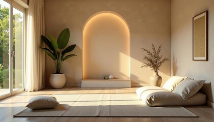 Serene meditation room with soft lighting and peaceful decor , contemplation, spirituality