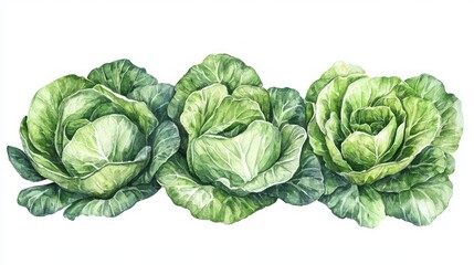 Fototapeta premium Three watercolor cabbages, arranged in a row.