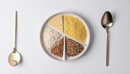 Exploring healthy ingredients a plate of grains and flours culinary setup minimalist style top view nutrition concept
