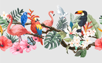 seamless horizontal colorful exotic animals and flowers vector illustration © tsuponk