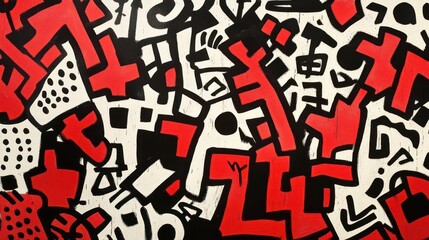 Abstract mural featuring bold red and black shapes on a white background.