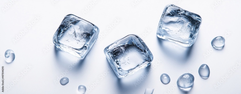 Poster three translucent ice cubes with melting water droplets on a light blue background. perfect for refr