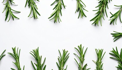 Naklejka premium Harvesting fresh rosemary sprigs culinary kitchen food photography minimalist style top-down view aromatic herbs