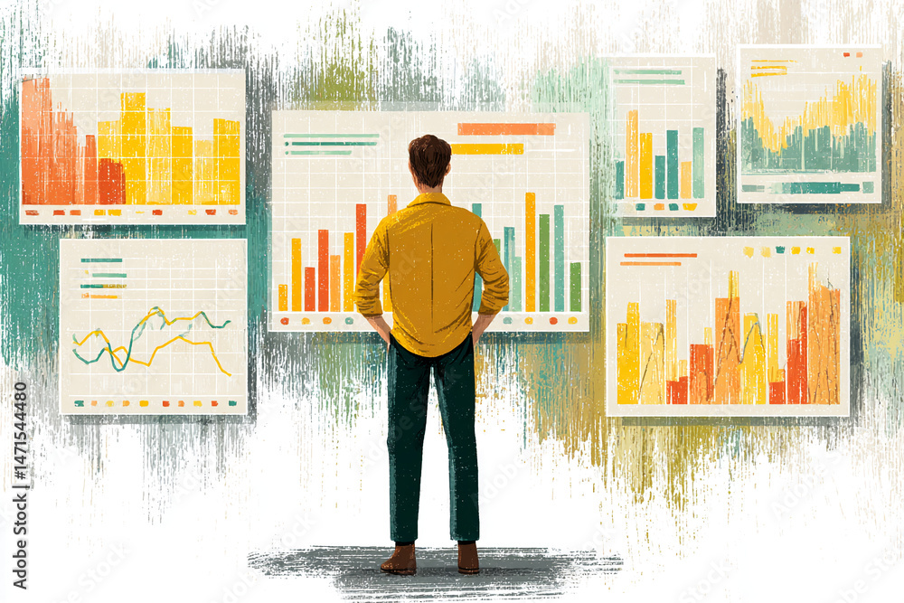 Poster man viewing colorful bar and line graphs on wall, data analysis concept, business intelligence, stra