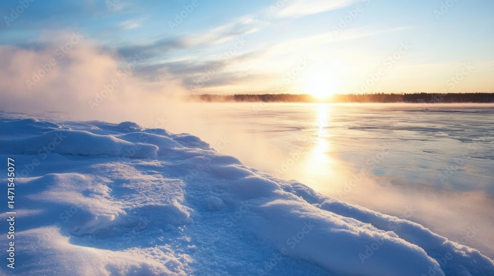 Poster serene winter sunset over a frozen lake, with snowdrifts and a gentle mist rising from the water's e