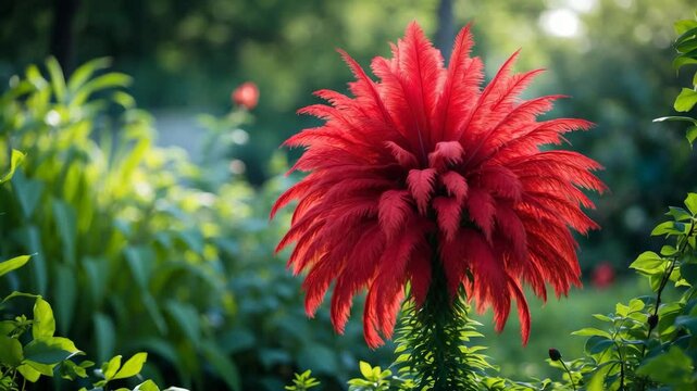 In a lush green garden, a striking red flower blossoms, revealing its feathery appearance and bold color.