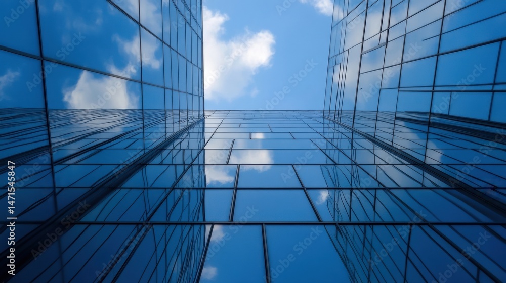 Poster modern glass skyscraper reflecting blue sky and clouds, low angle view showcasing architectural deta