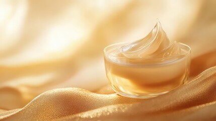 A creamy substance in a glass bowl on a soft, golden fabric background.