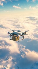 Aerial view of a drone carrying a package through clouds.