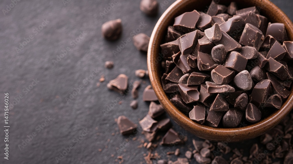 Poster a rustic brown bowl overflows with dark chocolate chunks, scattered pieces on a dark gray stone surf