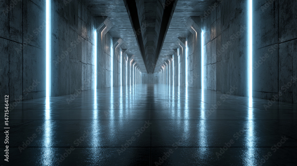 Poster long, dark corridor with reflective floor, illuminated by bright blue neon lights on walls, creating