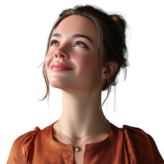 Young woman smiling and gazing upward, casual pose, isolated on transparent background ultra realistic 8k --v 7.0