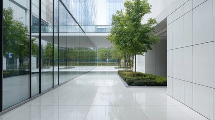 Modern office building courtyard with glass walls reflecting greenery and a sleek white exterior. : Generative AI