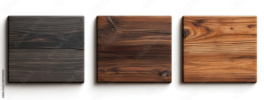 Poster three square wooden panels showcasing variations in dark, medium brown, and light brown wood grain t
