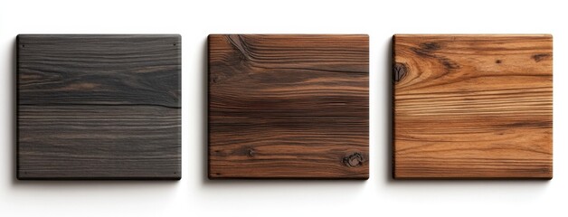 Three square wooden panels showcasing variations in dark, medium brown, and light brown wood grain textures, ideal for design projects needing rustic or natural elements. : Generative AI