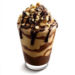 A peanut butter chocolate frozen yogurt, featuring rich peanut butter yogurt topped with dark chocolate chunks, 