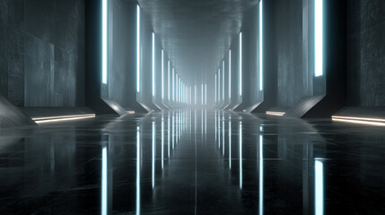 Dark corridor with bright neon lights reflecting on glossy floor, creating a futuristic, minimalist scene suitable for showcasing products or as a background