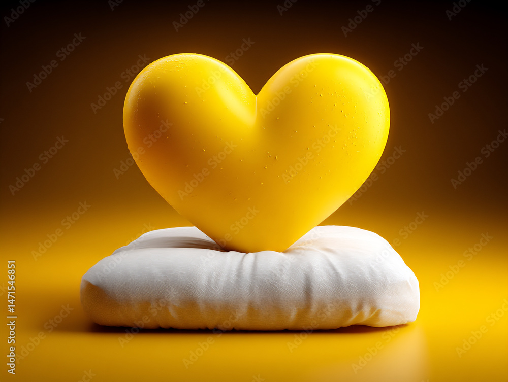 Poster an image of a colorful bedroom featuring an unexpected yellow paint heart as a central artistic elem
