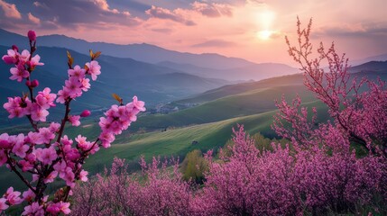 A serene landscape featuring pink blossoms, rolling hills, and a sunset backdrop.