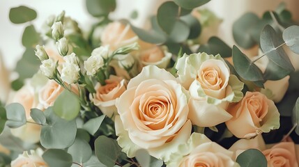 Peach roses bouquet with floral arrangement.