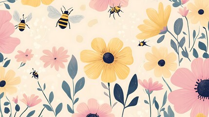 Bees  Flowers Spring Floral Pattern.