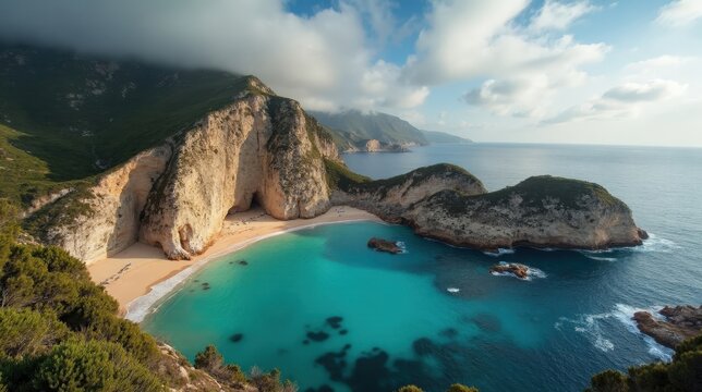 Cloudy midday sky over Aiguablava Cove with calm waters seen from above.