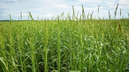 Obraz premium Tall grasslands growing in a regenerative farm, sequestering carbon naturally,