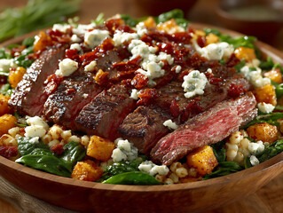 a delectable shot of a warm salad featuring the distinct flavors of roasted pumpkin, beef, and earthy spinach.