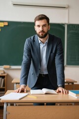 there is a man standing in front of a desk with a book