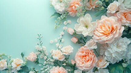 Pastel Roses with Floral Border, and Blue Background.