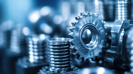 Close-up of metallic gears and precision components, showcasing intricate details and industrial manufacturing precision.  The image evokes a sense of complex machinery and technologic : Generative AI