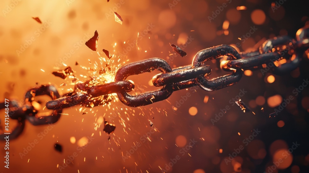 Poster spark explosion as a chain breaks under pressure highlighting destruction and transformation in a fi