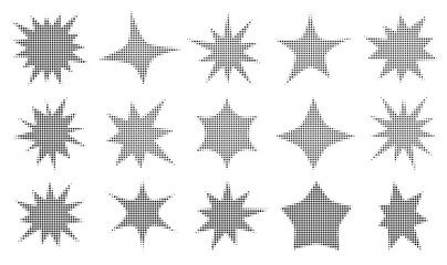 Halftone signs in shape stars. Sale price tags, discount badges.