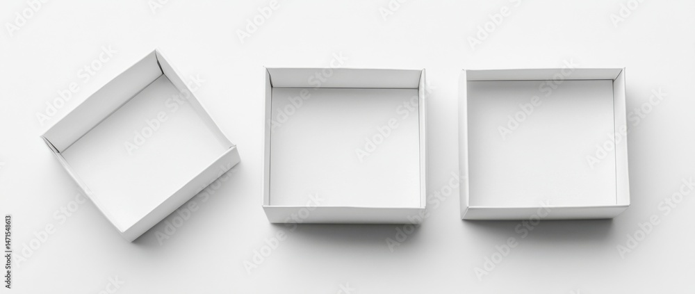 Poster three empty white cardboard gift boxes arranged on a white surface, offering a clean and minimalist 