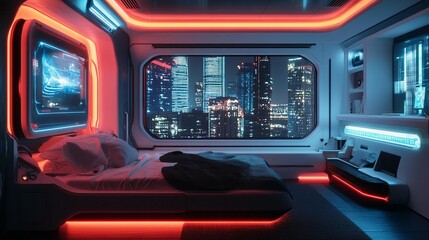 Obraz premium Futuristic Bedroom with City View
