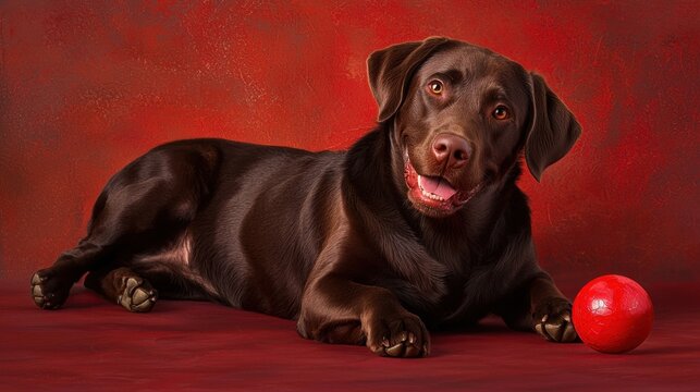 Playful chocolate Labrador retriever relaxing on a red backdrop with a bright red ball nearby