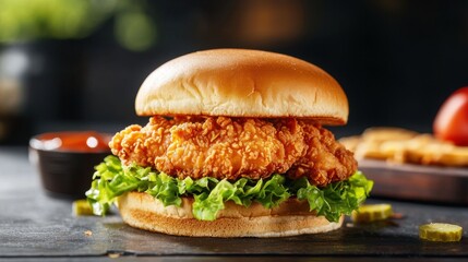 Crispy chicken sandwich served with fresh lettuce and a side of dipping sauce in a cozy restaurant background