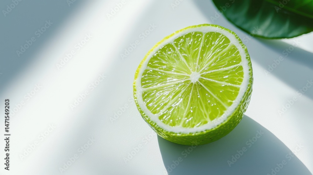Poster fresh lime slice on a light background with soft shadows highlighting its vibrant color