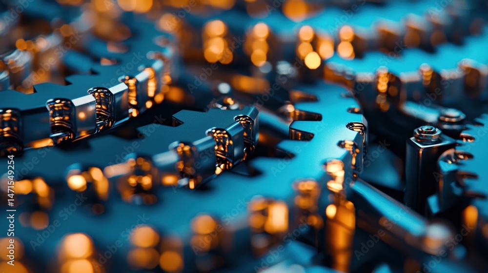 Poster intricate assembly of metallic gears with shining surfaces reflecting ambient light in a close-up vi