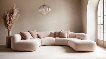 Loft home interior with beige sofa and terra cotta pillows near arched window and stucco wall in modern living room design
