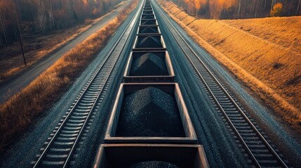 Aerial view side view long freight train transporting black coal, open wagons fully loaded, industrial railway tracks, bulk cargo, energy supply chain, commercial transport, export logistics, banner.
