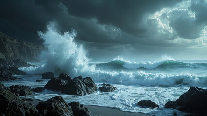 Dramatic ocean waves crashing against rocky shore under stormy clouds and blue skies