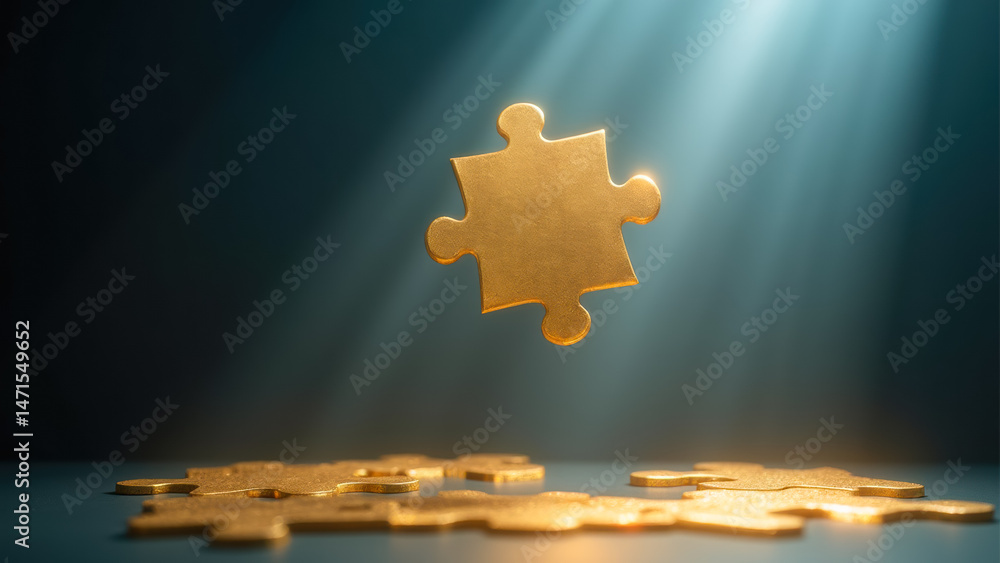Aufkleber golden puzzle piece floating above shiny background with rays of light
