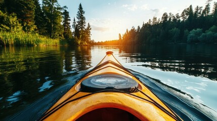 Fototapeta premium Kayaking on a serene lake surrounded by trees during sunset in the early evening